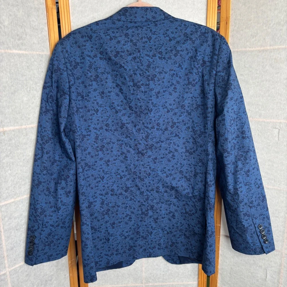 Perry Ellis Portfolio 38R Blue Floral Jacquard Two Button Blazer Jacket Men Slim